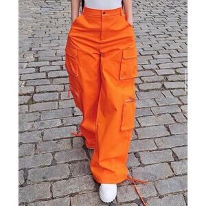 The Drop Orange Cargo Pants Womens Large High Rise Wide Leg Utility Streetwear